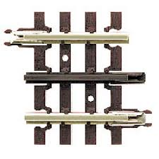 O SCALE 1 3/4'' STRAIGHT Item# 6052 O SCALE 1 3/4'' STRAIGHT Item# 6052 Premium Nickel Silver Track (Brown Ties) 4 pcs./blister
The scale-sized plastic brown track ties have a wood grain, the tie-plates have spikes, and the rail joiners have the bolt detail of real track.
To add to the realism, the center rail is blackened.